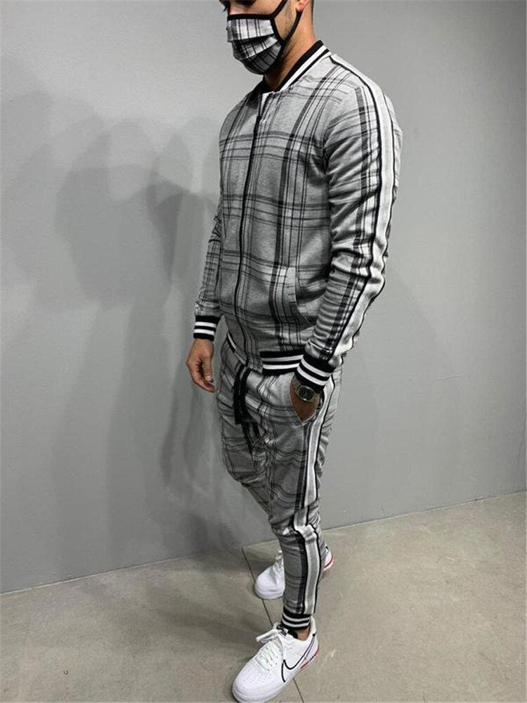 2021 New gyms Men's Sets 2 Pieces Sets Tracksuit Men's Jackets+Pants suit Sportwear Gentlemen Plaid Mens Sports Suit men Clothes