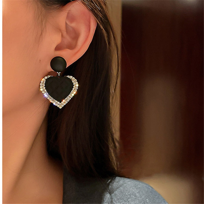 FYUAN Korean Style Black Acrylic Heart Dangle Earrings for Women Rhinestone Earrings Weddings Party Jewelry Accessories