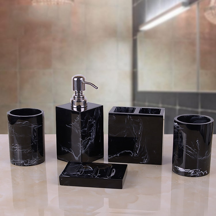 Black Marble Pattern Tray Resin Bathroom Set Toothbrush Holder Soap Dispenser Soap Dish Men's Bathroom Accessories Set Home Deco