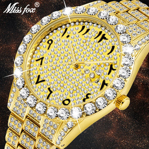 MISSFOX Arabic Numerals Mens Watches Top Brand Luxury Watch Men 18k Gold Big Diamond With Canlender Classic Male Iced Out Watch