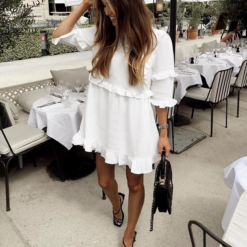 DICLOUD Casual Women White Mini Ruffle Summer Dress Women Short Sleeve Black Solid Loose Dress Beach Tunic Ladies Clothing