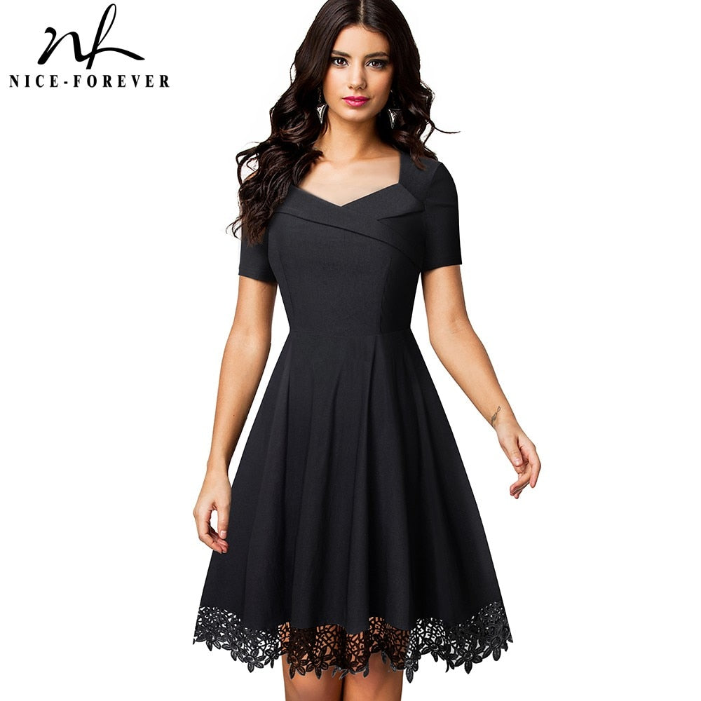 Nice-forever Elegant Embroidery Black Lace Dresses Short Sleeve Swing Flare Women Dress btyA032