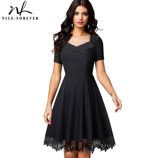 Nice-forever Elegant Embroidery Black Lace Dresses Short Sleeve Swing Flare Women Dress btyA032