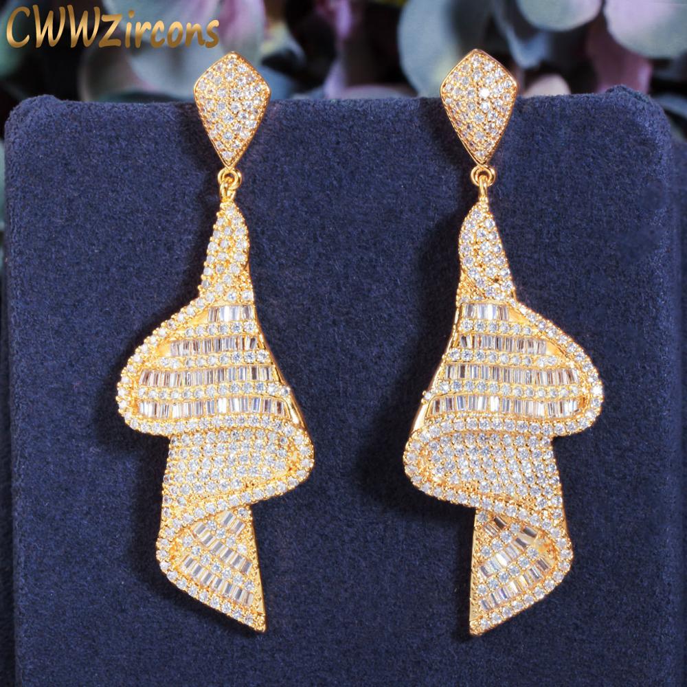 CWWZircons Geometric Sparkling Fancy White Cubic Zirconia Big Long Drop Earrings for Women Dubai Gold Color Bridal Jewelry