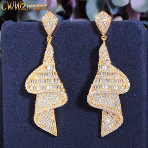CWWZircons Geometric Sparkling Fancy White Cubic Zirconia Big Long Drop Earrings for Women Dubai Gold Color Bridal Jewelry