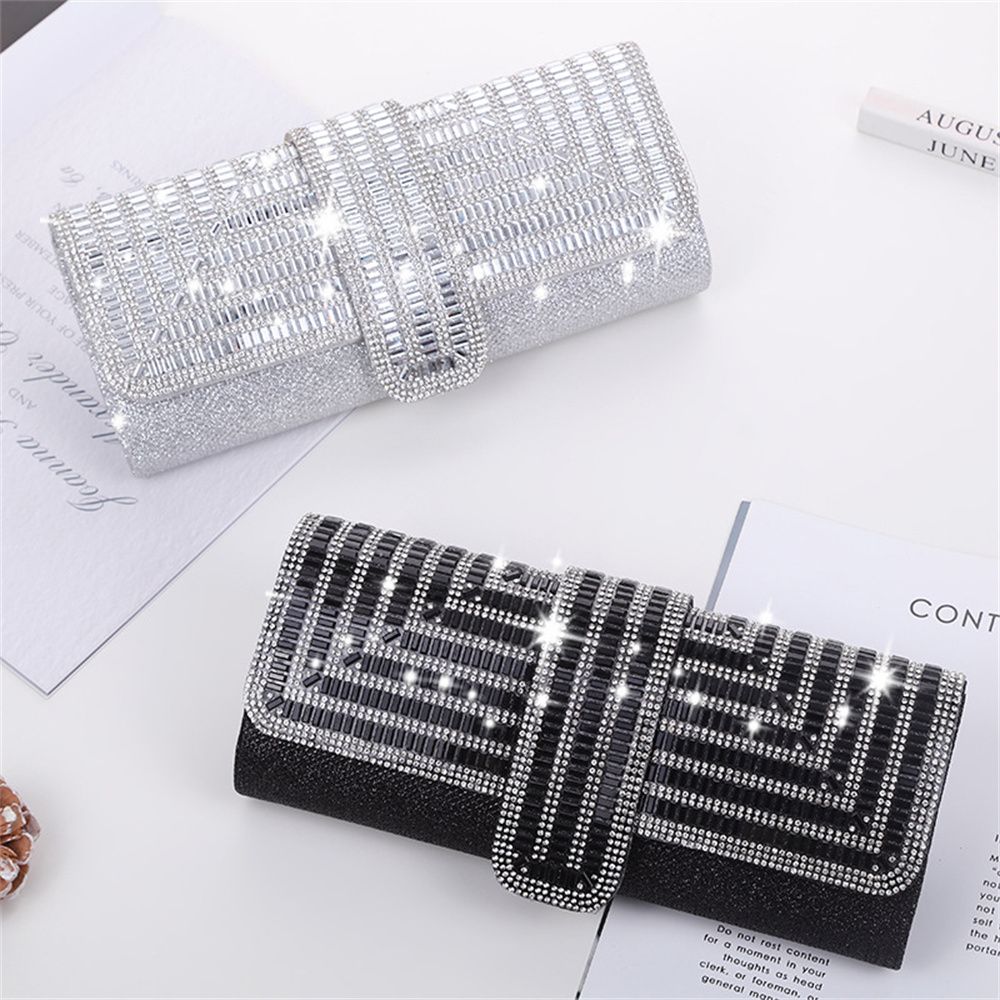 Women Evening Clutch Bag Diamond Sequin Wedding Clutch Purse Handbag Party Banquet Black Gold Silver Two Chain Shoulder Bag