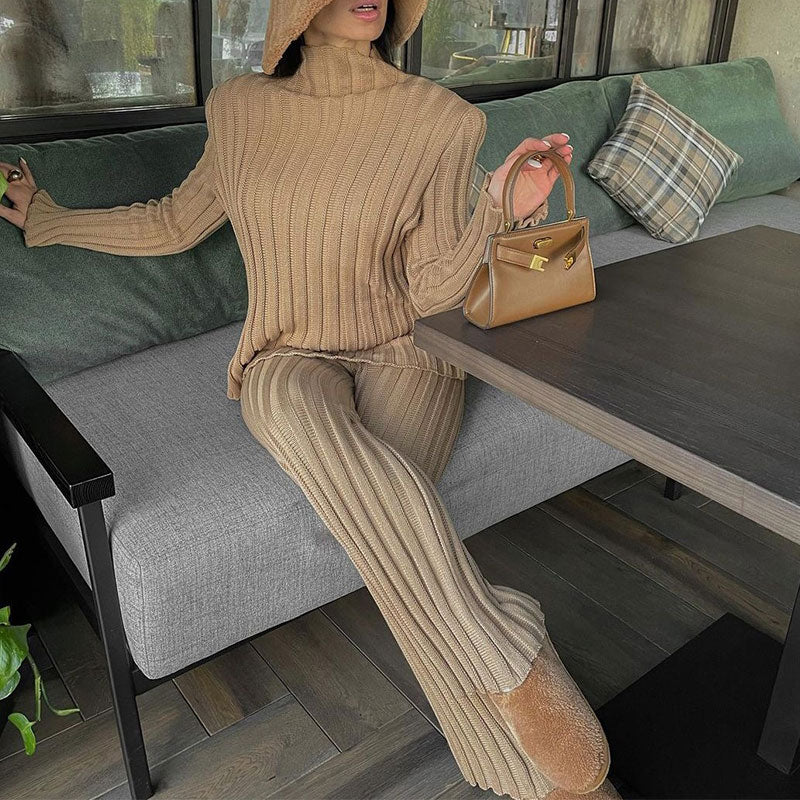 SpotLtWM Cotton Casual Women Knitted Two Piece Sets Ladies Slim Outfits Solid Striped Turtleneck Sweater And Elastic Pant Suits