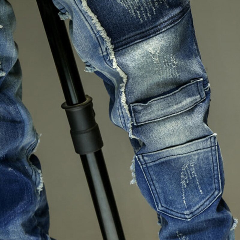 Men Jeans Splice Jean Homme Skinny Denim Ripped Spijkerbroeken Heren Biker Stretch Pants Slim Fit Trousers Warm Pantalon Luxe