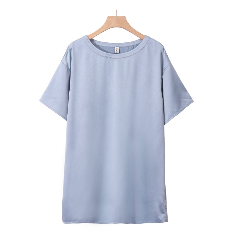 Oversize Satin Women Long T-Shirts 2020 Fashion Casual Loose O Neck Short Sleeve Streetwear Ladies Tops M30665