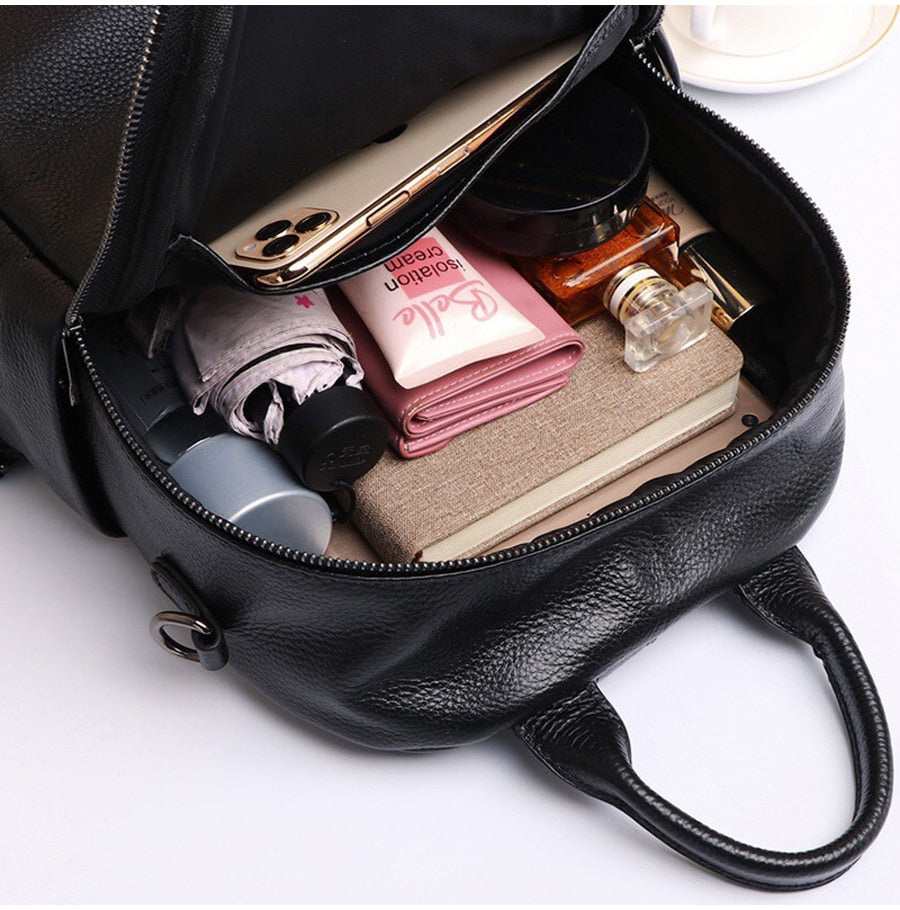 Ladies Travel Leather Backpack Real Cowhide Backpack Women's Bag Solid Color High Quality Black Leather Bag Student Schoolbag