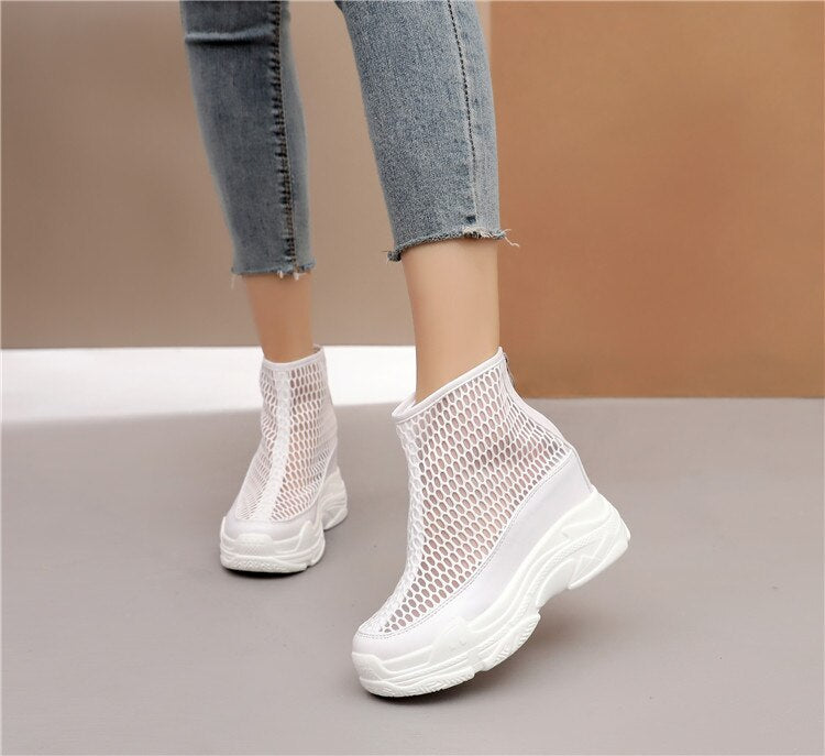 XMWRLW Women's Summer Boots Breathable Mesh High Heels Shoes For Women 2020 Summer Rubber Sole Women Ankle Boot Wedge Shoes