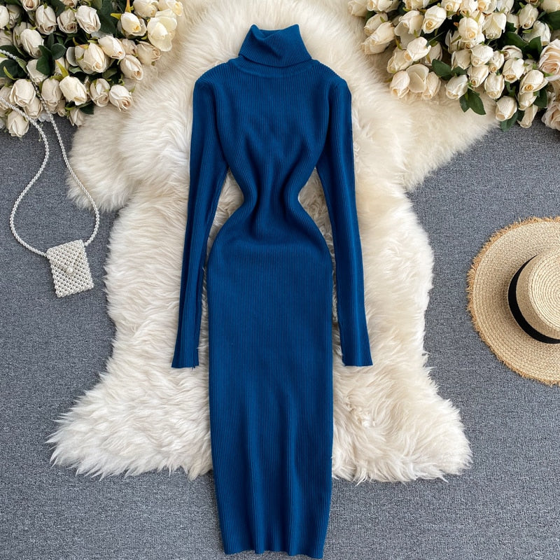 Dresses for Women 2022 Sexy Turtleneck Knitted Bodycon Dress Women Autumn Winter Long Sleeve Sweater Dress