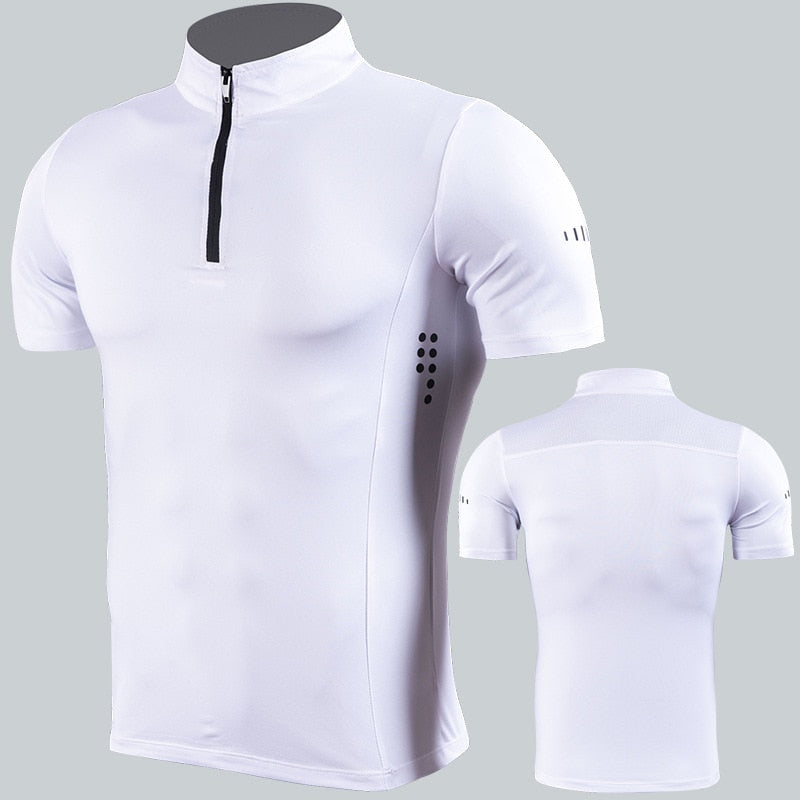 2020 New Training T Shirt Mens Compression Tshirt Cycling Jersey Men Short Sleeve T Shirts Men Gym Clothing Zipper Stand Neck