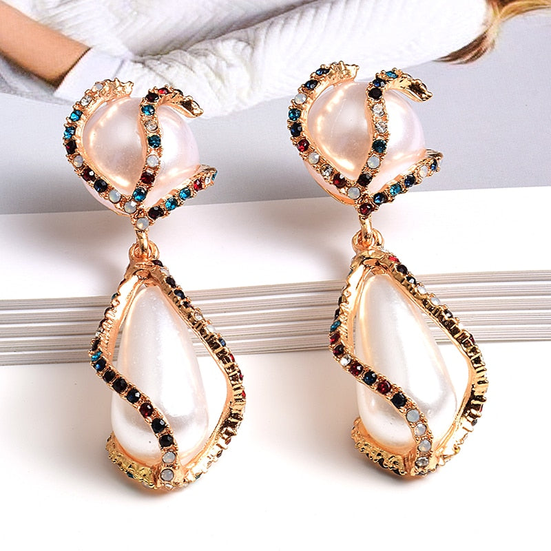 New Colorful Rhinestone Big Pearl Drop Earrings Fine Jewelry Accessories For Women Fashion Trend Pendientes Bijoux