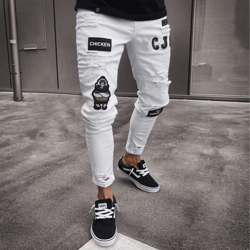 Skinny ripped jeans men Pants Pencil Biker Side Striped Jeans Destroyed Hole Hip Hop Slim Fit Man Scratched Jean Hombre Pantalon