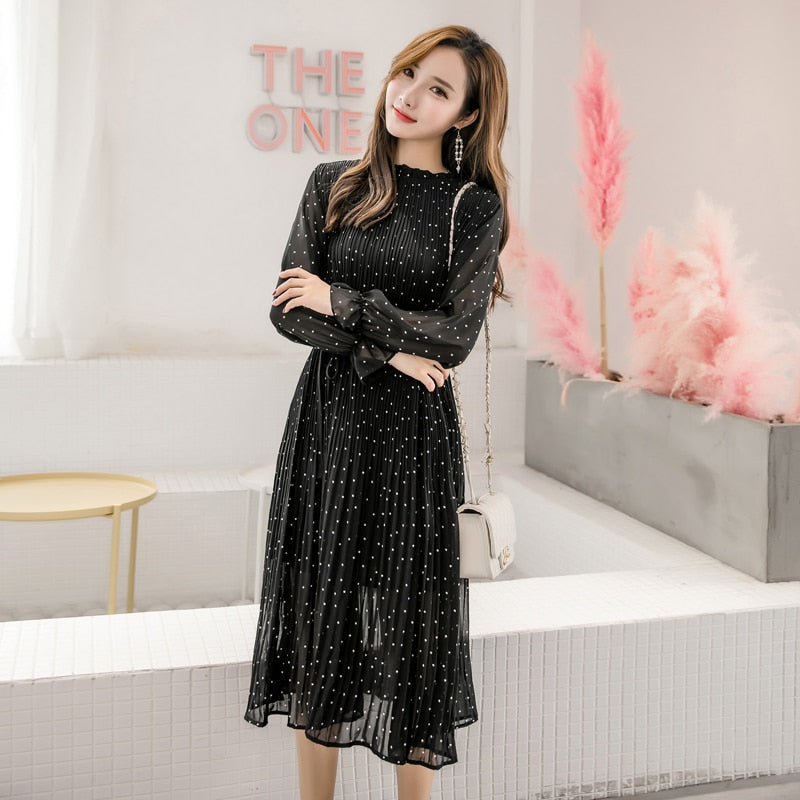 Black Vintage ClotheS Spring Lady Long Chiffon Dress 2021 New Korean Fashion Women Long Sleeved Polka Dot Pleated Dress 3670 50