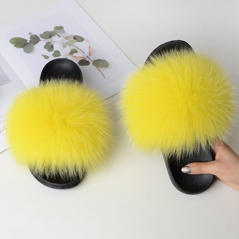 Women Summer Furry Fur Slippers Flat Non-slip Solid Real Fox Fur Slides Fluffy Slippers Ladies Shoes Woman Home Slipper