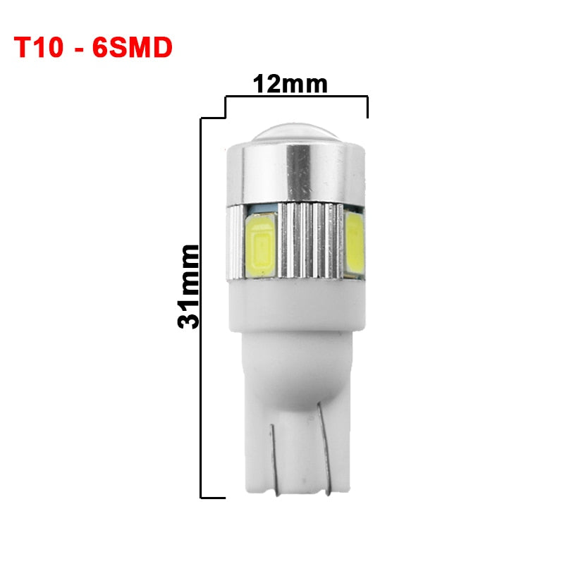 1x Car T10 LED Bulb 6 SMD 12V White 6500K W5W LED Signal Light 10 SMD Auto Interior Wedge Side License Plate Lamps 5W5 194 168