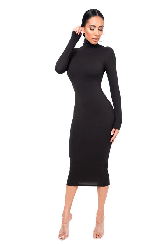 Winter Black Turtleneck Sexy Women Dress Autumn Long Sleeve Skinny Midi Boydcon Casual Blue Plush Knee-Length Party Club