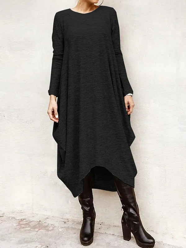 Oshoplive New Autumn 2021 Hot Sale Casual Irregular Vintage Dress Women Simple Solid Color Round-Neck Long Sleeves Midi Dress