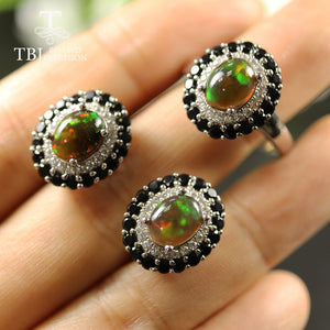 3.8ct black Opal Jewelry Set oval cut 7*9mm gemstone jewelry 925 sterling silver fine jewelry for women best gift