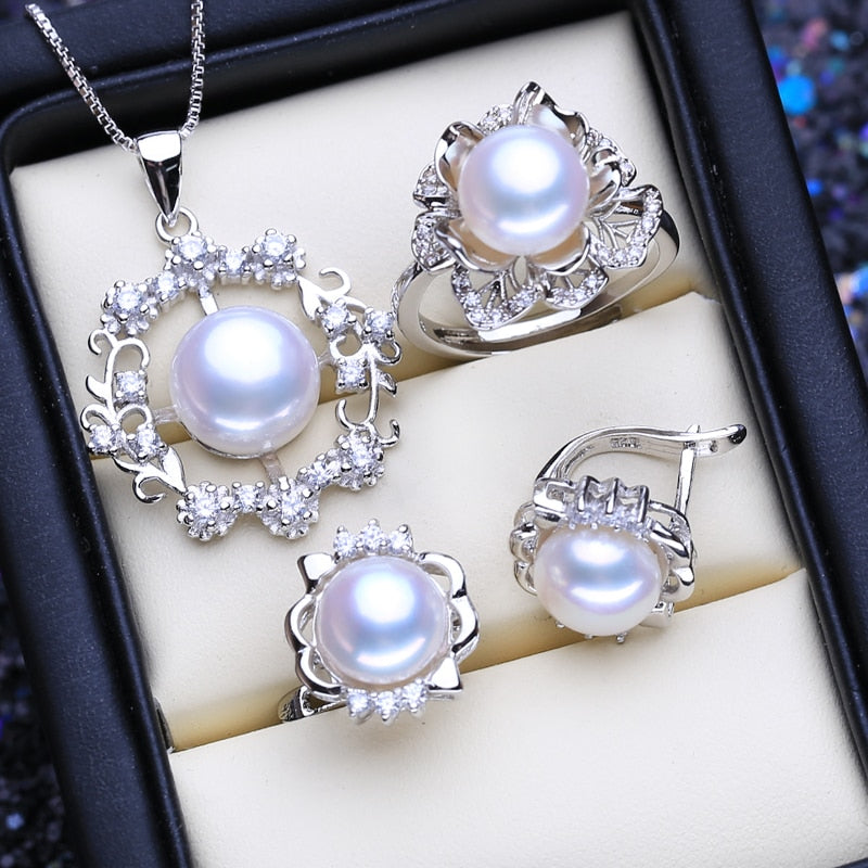 FENASY 925 Sterling Silver Pendant Necklace Natural Pearl Jewelry Sets For Women Classic Stud Earrings Fashion Party Rings