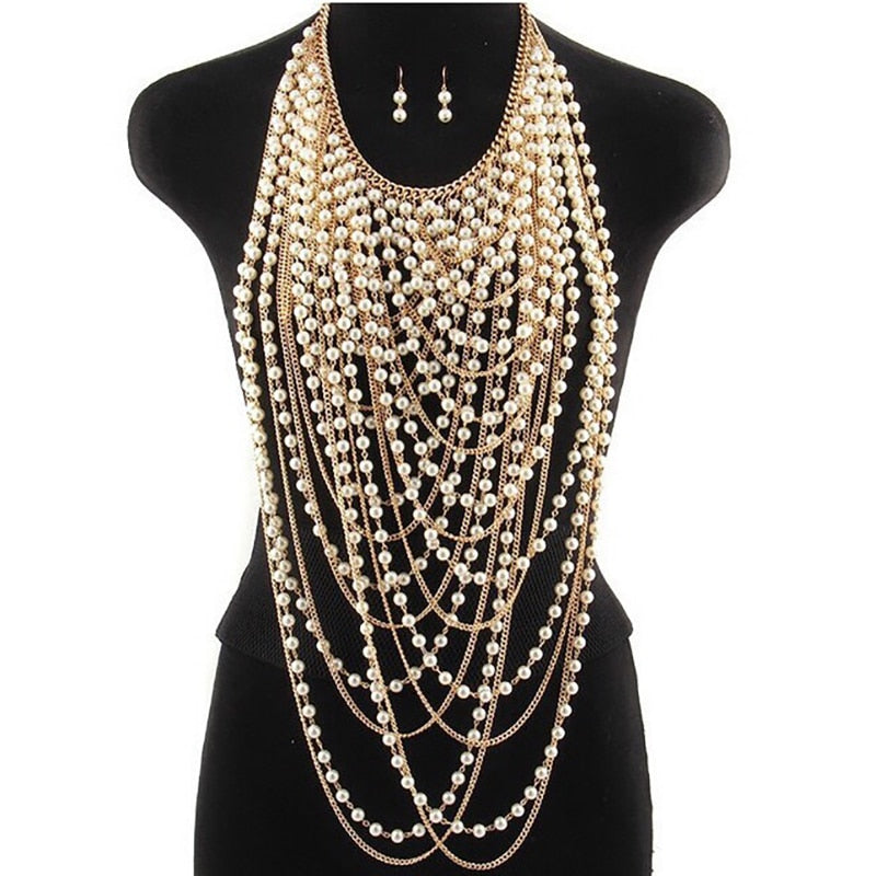 Bride pearl shoulder chain jewelry show party dress body chain accessories woman multi-layer pearl necklace jewelry