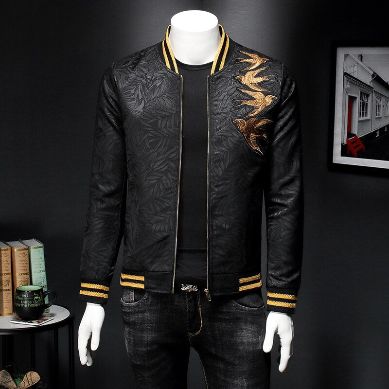 Jaqueta Masculina Spring New Gold Embroidery Print Jacket Men Slim Fit Bomber Print Jacket Retro Jacket Club Clothing Men 5xl-M