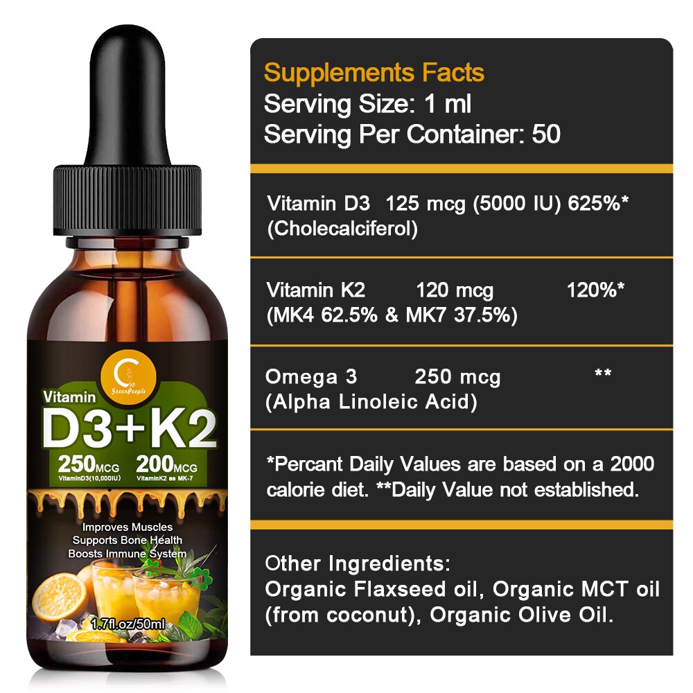 GPGP Greenpeople Liquid Vitamin D3 + K2 Drops Improves Immunity&Memory Strengthens Bones Protects Heart Vitamin Supplement