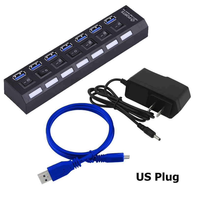 USB HUB 3.0 4 7 Port Usb Multi Splitter With Power Switch Supply Adapter For Macbook Pc Computer Laptops Notebook Accessories