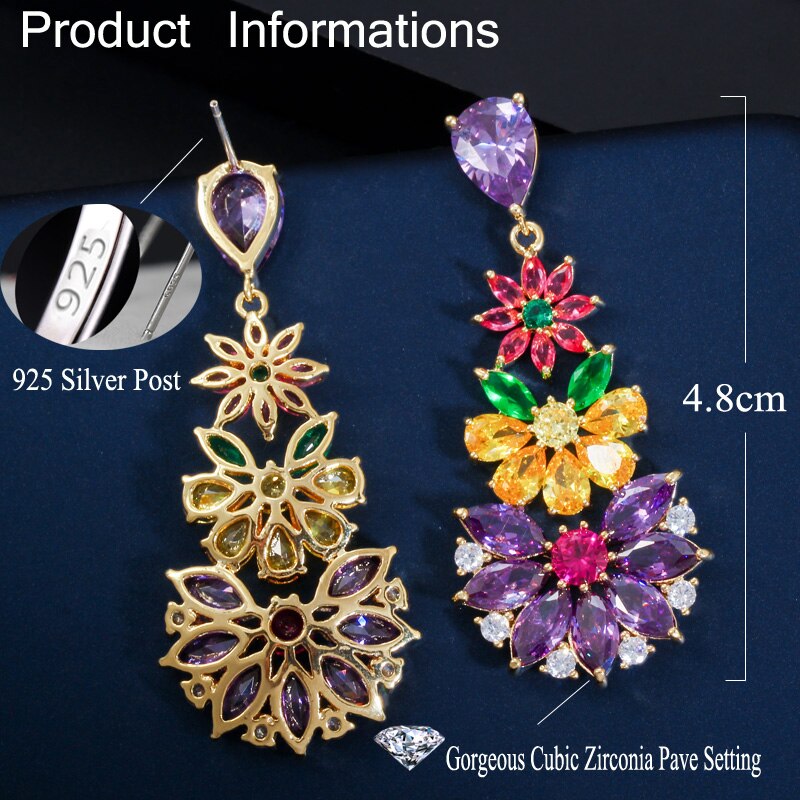 CWWZircons Unique Multicolored Cubic Zirconia Cluster Flower Dangle Drop Earrings for Women Wedding Party Dress Jewelry CZ430