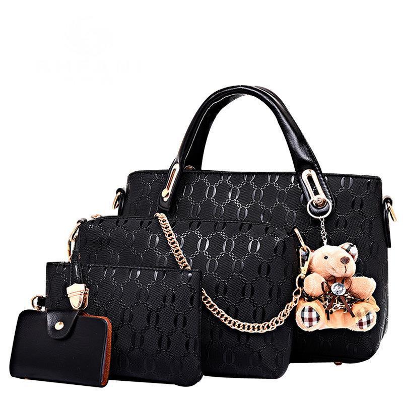 4Pcs/Set Elegant Ladies Bear Pendant Handbag Shoulder Bag Girls Fashionable PU Leather Casual Messenger Tote Bag