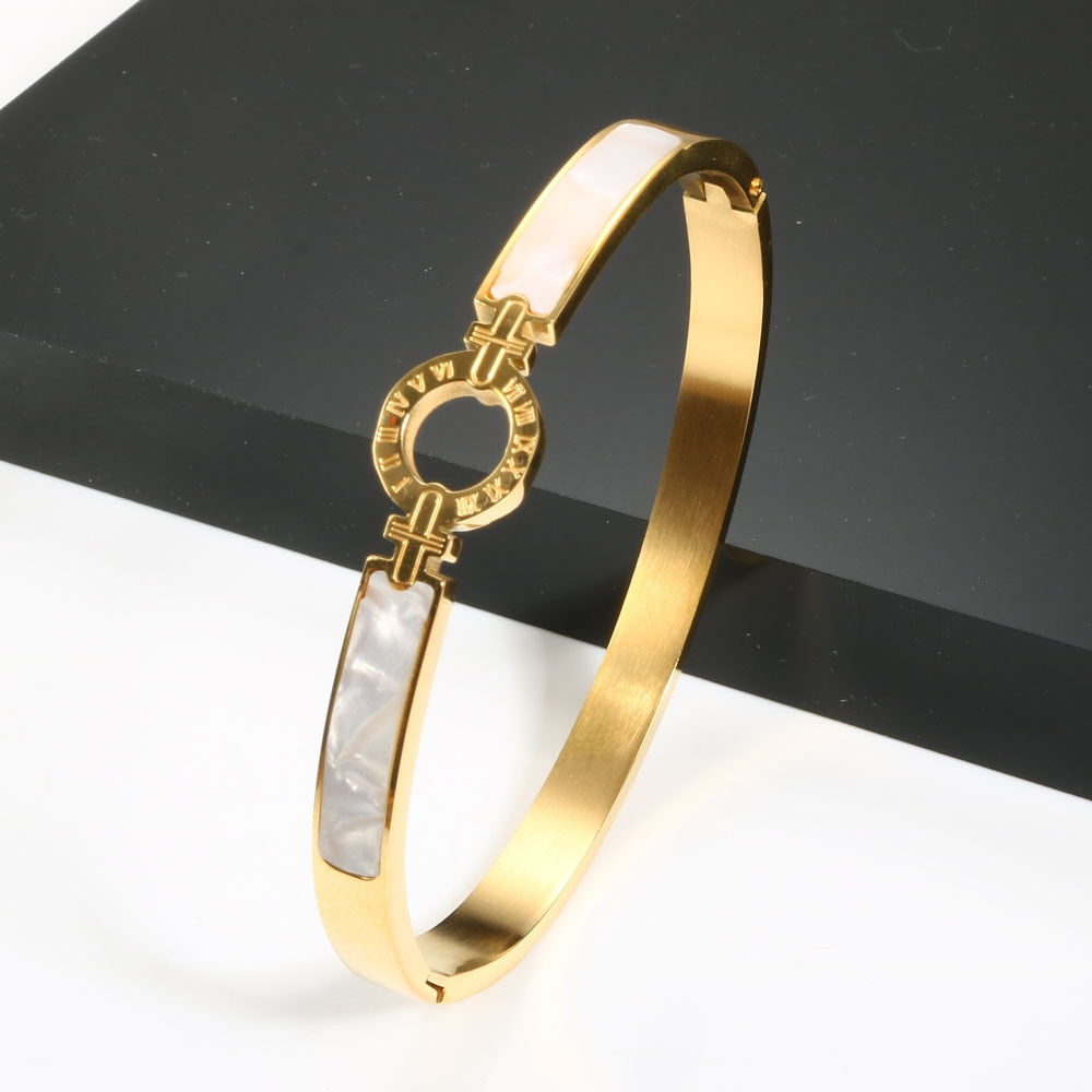 New Fashion White Shell Roman Numeral Bangles & Bracelets Gold Plating Women Bangle For Fashion Bracelet Jewelry