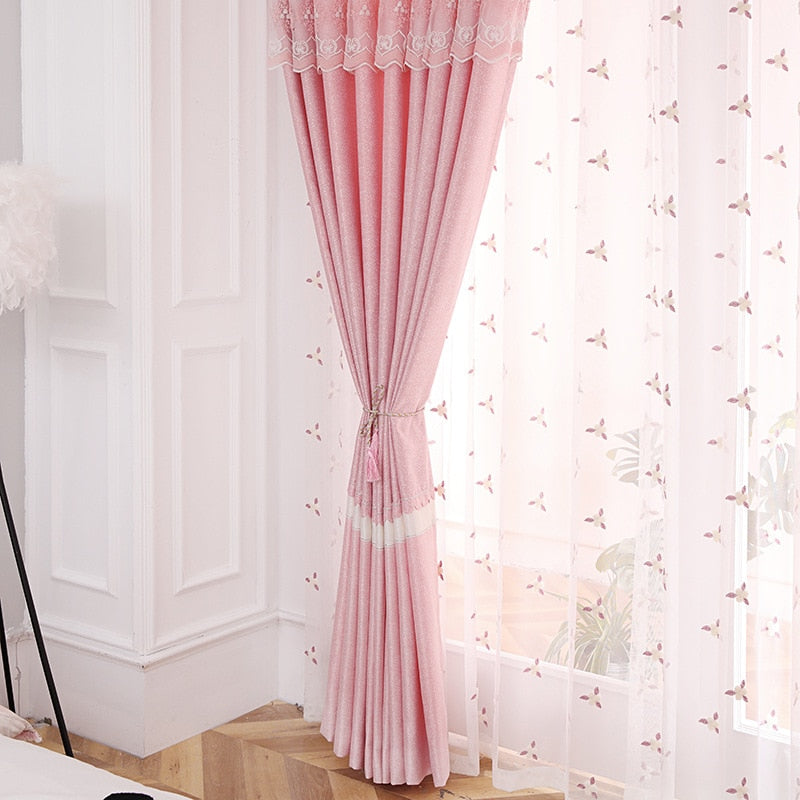 Modern Pink Girl Cotton and Hemp Stitching Shading Curtains for Living Dining Room Bedroom French Window Tulle Curtains