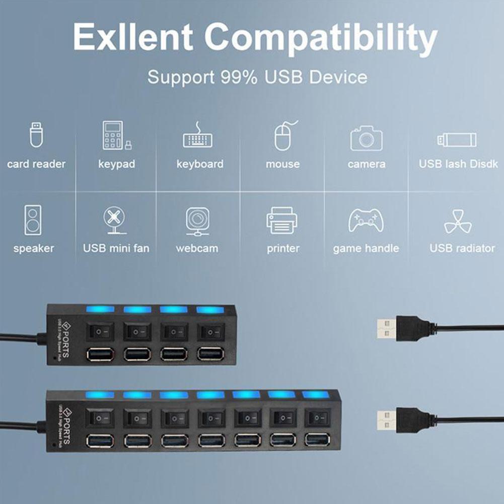 USB Hub 7 Port USB 2.0 Hub Splitter With ON/OFF Switch USB Hab High 5Gbps Multi Computer Accessories For PC Speed W1P8