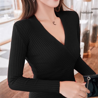 15 colors 2021 Sexy Deep V Neck Sweater Women's Pullover Slim Sweaters Female Elastic Long Sleeve Tops Femme (N0021)