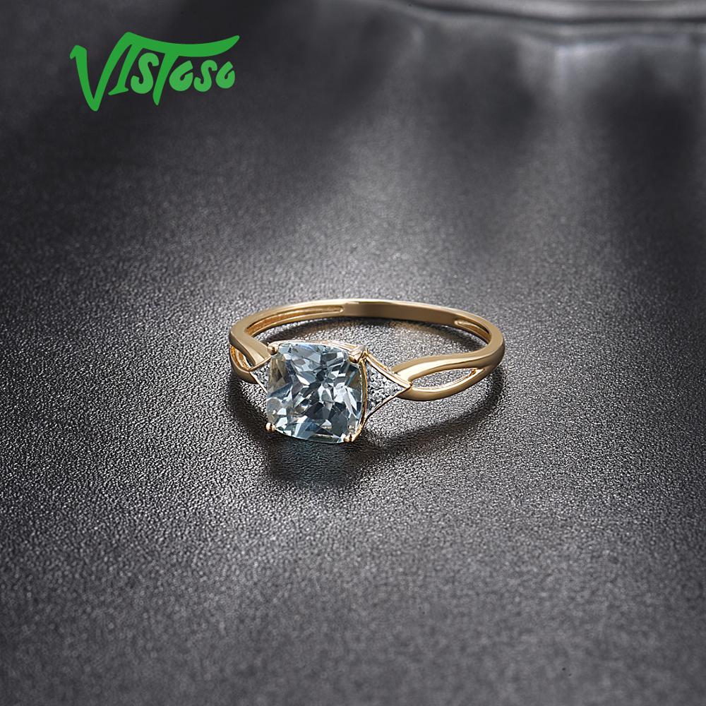 VISTOSO Pure14K 585 Yellow Gold Ring For Women Sparkling Diamond Limpid Blue Topaz Anniversary Classic Fine Jewelry