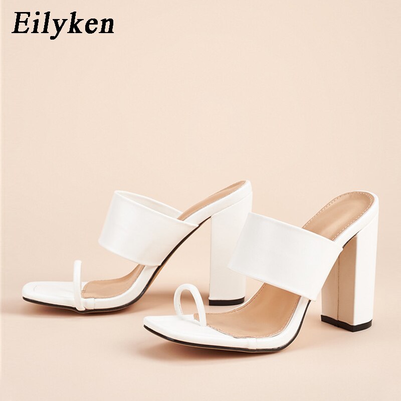 Eilyken 2021 Summer Womens Slides High Heels Fashion Design Cozy Clip toe Mules Slippers Square Head Ladies Outdoor Slip on Shoe