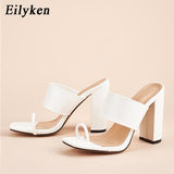 Eilyken 2021 Summer Womens Slides High Heels Fashion Design Cozy Clip toe Mules Slippers Square Head Ladies Outdoor Slip on Shoe