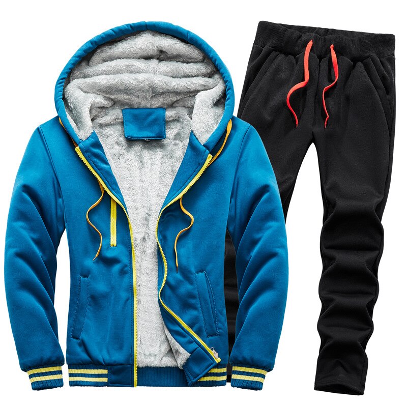 2021 Fleece Hooded Tracksuit Men 2 Pieces Set Sweatshirt + Sweatpants Sportswear Zipper Hoodies Casual Sets Mens Clothing S-5XL