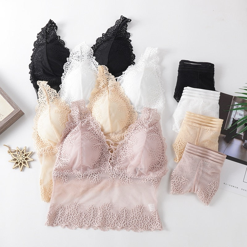 Fashion Female Bra Aet Sexy Lace Tube Top Women Gather Bra Panties Underwear Set