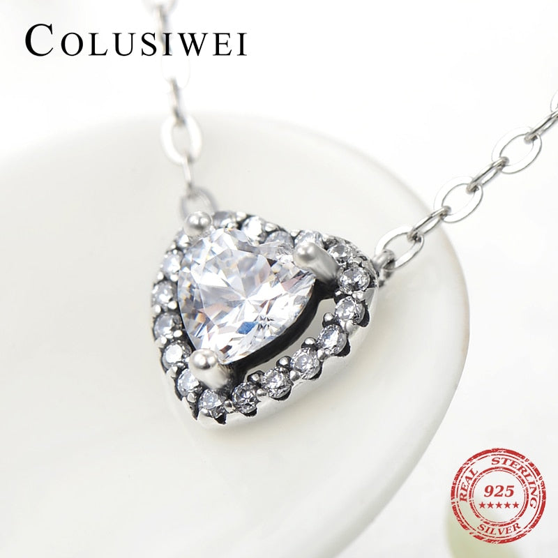 Colusiwei Valentine Day Gift Real 925 Sterling Silver Sparkling Heart Pendant Necklace for Women Wedding Engagement Jewelry