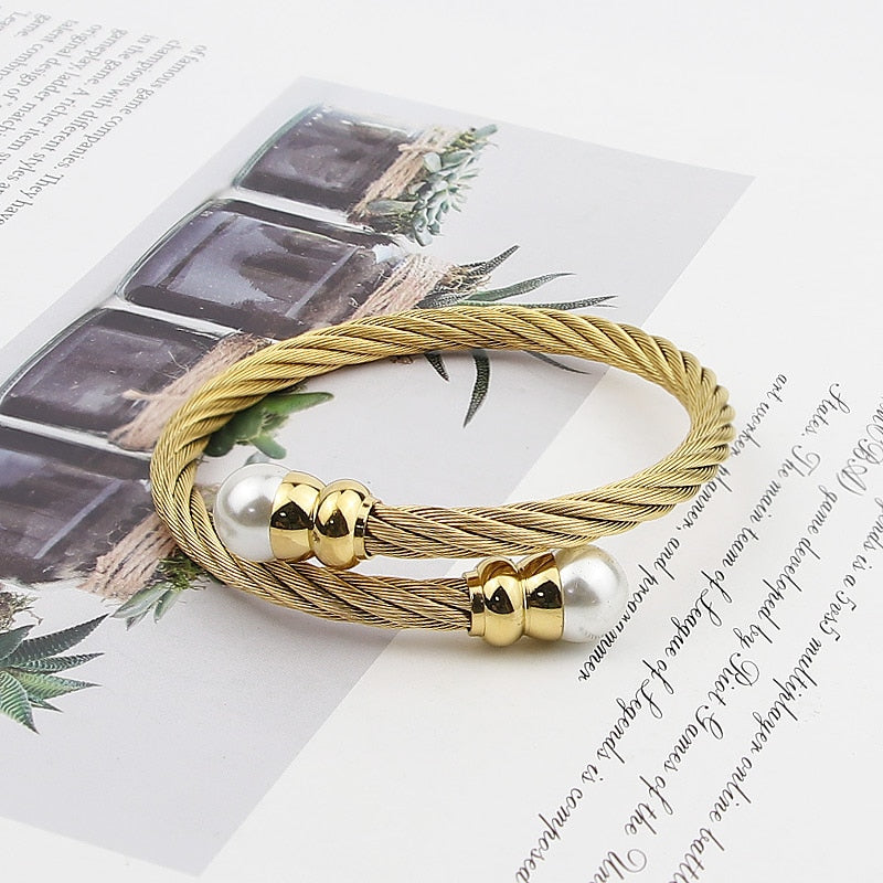 New Women Cable Bangles Gold 316l Stainless Steel Bracelet Fashion Pearl Jewelry