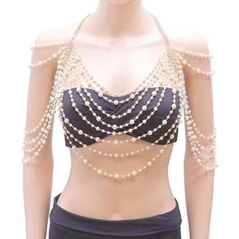 Bride pearl shoulder chain jewelry show party dress body chain accessories woman multi-layer pearl necklace jewelry