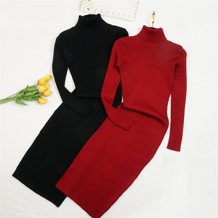 New Autumn Winter Women Knitted Dress Turtleneck Sweater Dresses Lady Slim Bodycon Long Sleeve Bottoming Dress Vestidos PP003