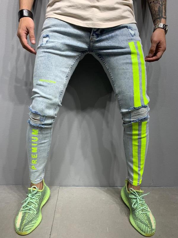 Letter printing Ripped Pencil Jeans Men Skinny Biker Side Striped Jeans Destroyed Hole Hip Hop Slim Fit Jean Men's Pant