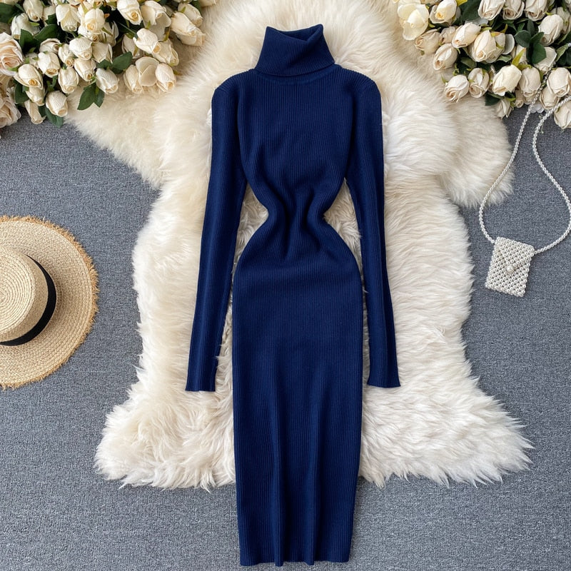 Dresses for Women 2022 Sexy Turtleneck Knitted Bodycon Dress Women Autumn Winter Long Sleeve Sweater Dress