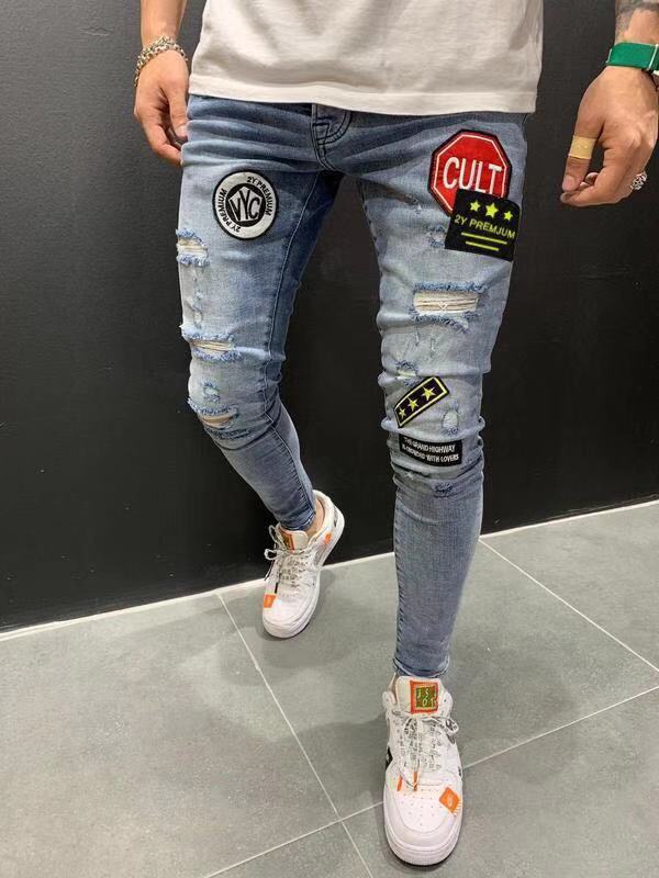 Skinny ripped jeans men Pants Pencil Biker Side Striped Jeans Destroyed Hole Hip Hop Slim Fit Man Scratched Jean Hombre Pantalon