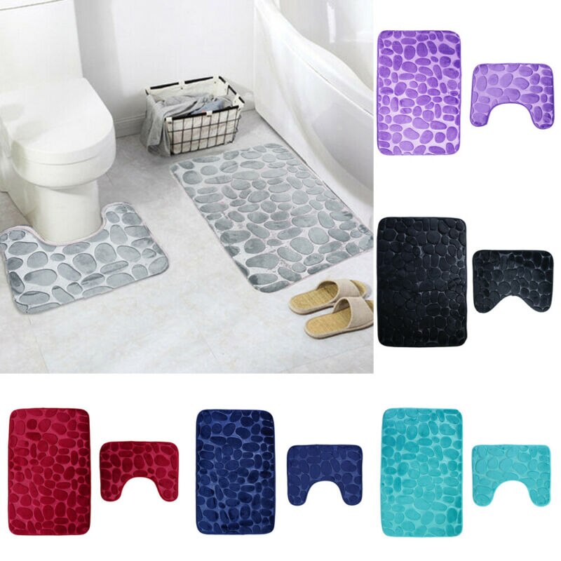 2pcs/set Funnel Cobblestone Bath Bathroom Anti-slip Carpet Mat Toilet Rug New