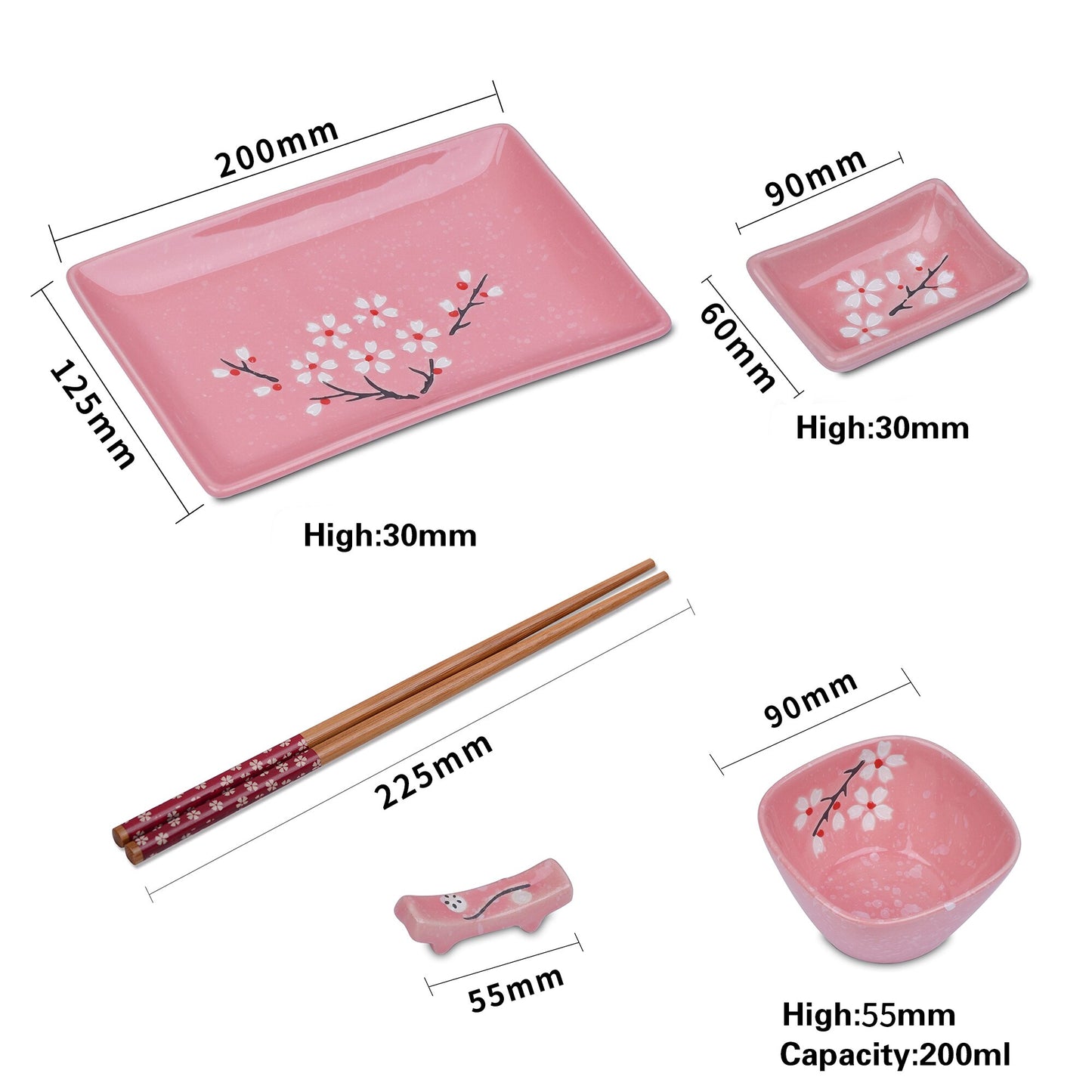 Panbado Japanese Style Pink Porcelain Sushi Set with 2*Sushi Plate,Bowl,Dip Dishes,Bamboo Chopstick,Sticks Stand Set Gift Box